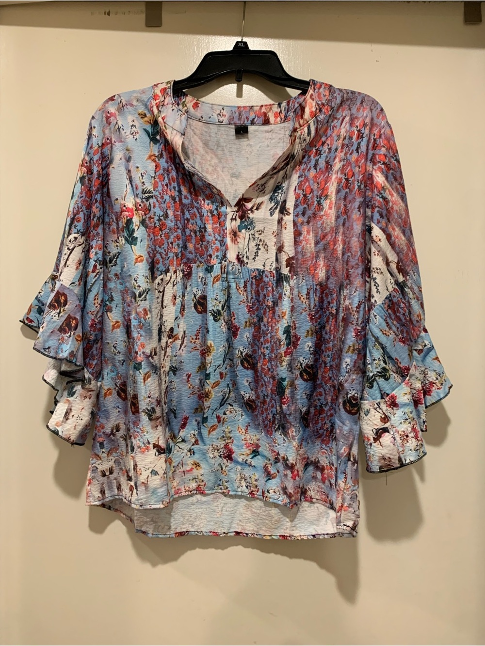 Women's Floral Ruffle Sleeve Blouse - Light Blue